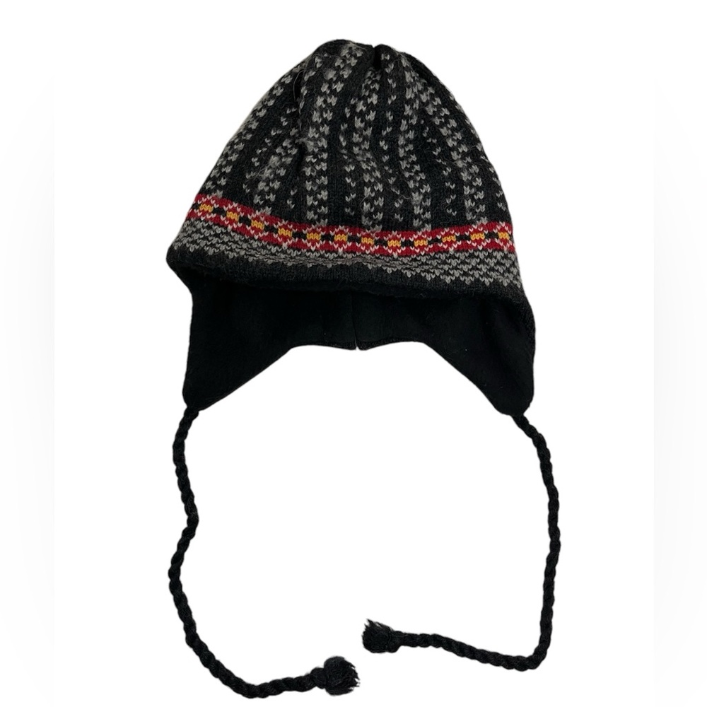 Turtle Fur Wool Yarn Ski Hat with Yarn Ties Alpine Fair Isle